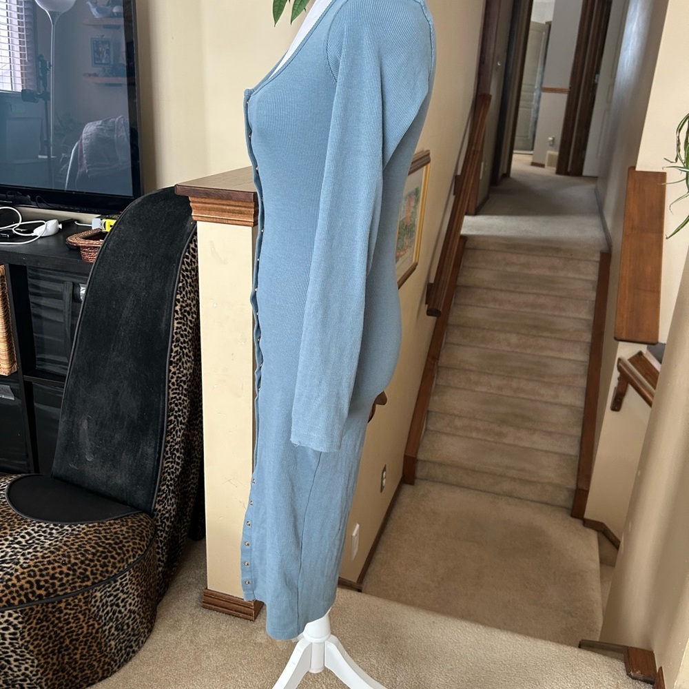 Body Con Ribbed Blue Button-Down Dress - Picture 5 of 11